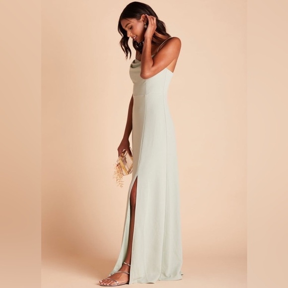 Birdy Grey Ash Crepe Sage Green Cowl Neck Slit Bridesmaid Dress Gown EUC Size S - Picture 3 of 12